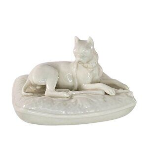 Belleek Pottery Boxer Dog Figurine On Cushion Pillow Porcelain Ireland Vintage